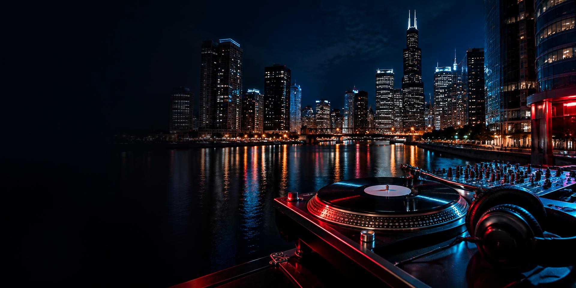 Chicago skyline at night with a DJ turntable